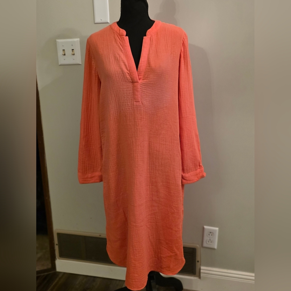 Chico's Coral-Peach Long Sleeve Gauze Tunic Dress